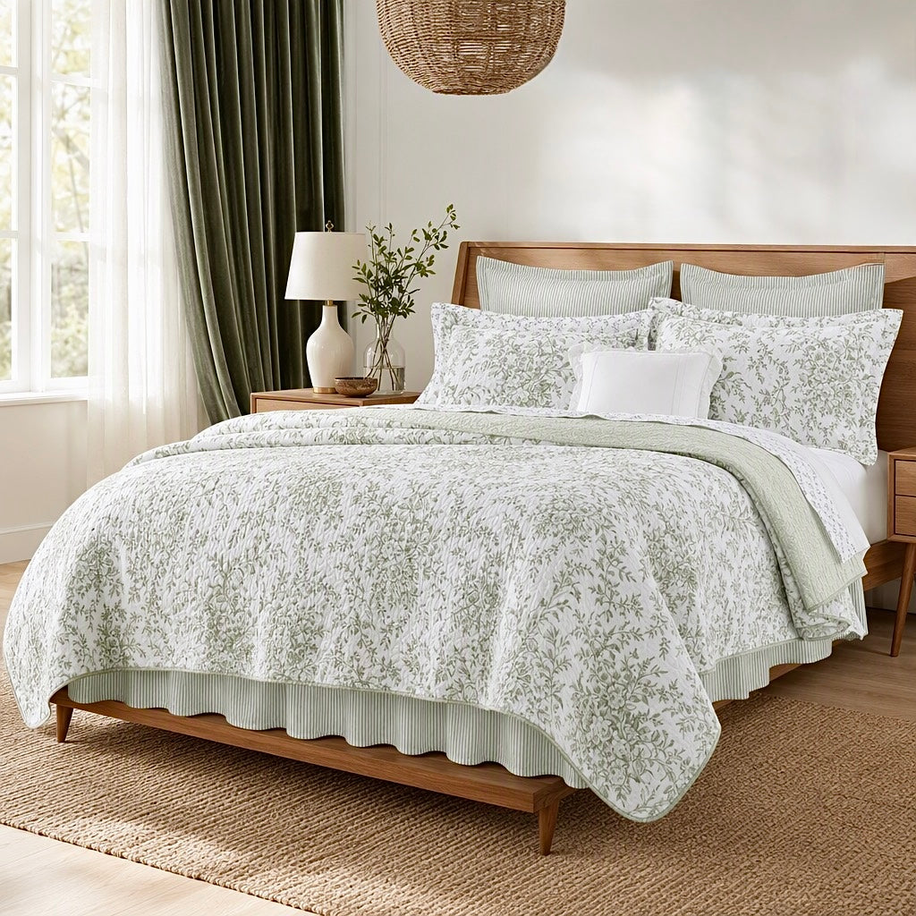 NEW West Elm Green White Floral Vintage Cotton Queen King Bedding Quilt Sham Set
