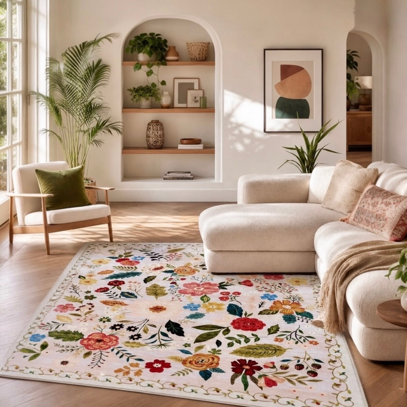 NEW Anthropologie White Floral Boho Vintage Multicolor Area Rug Carpet 5' x 7'