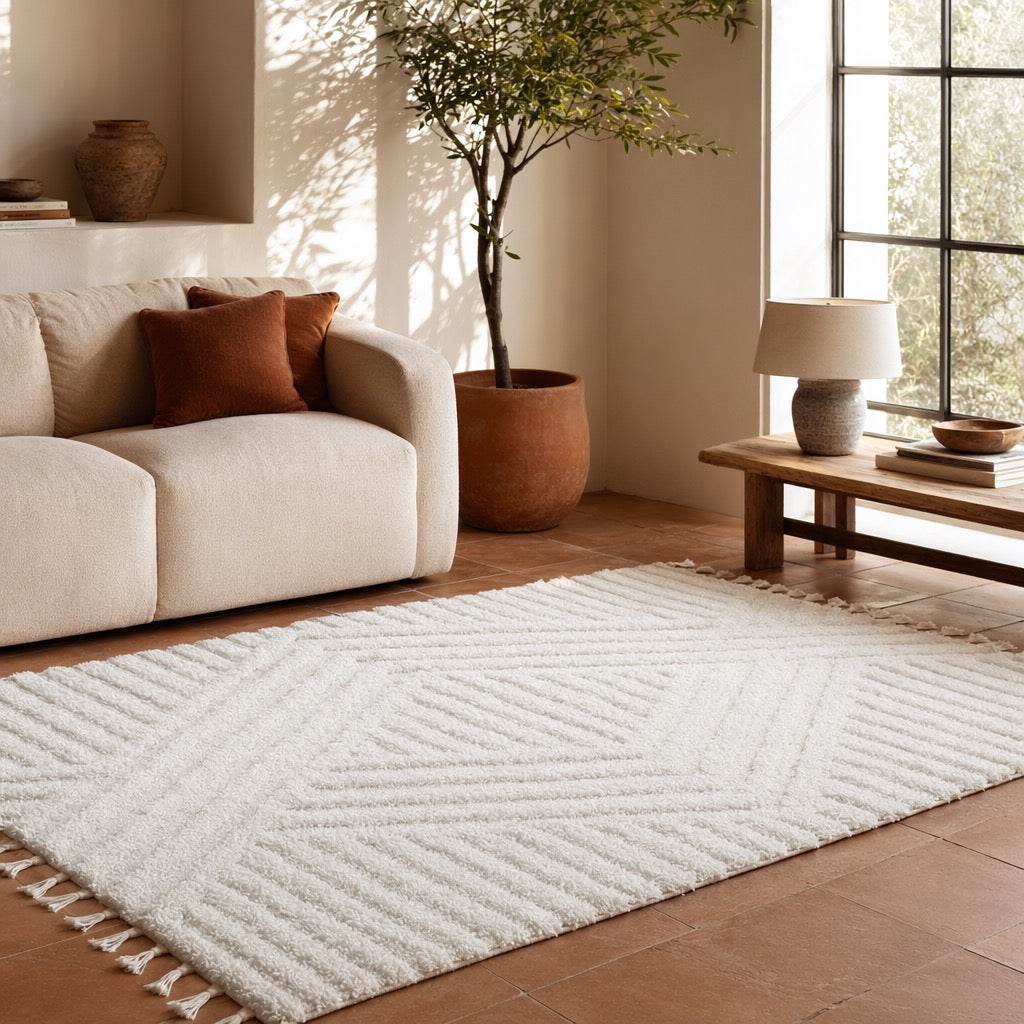 NEW West Elm White Cream Boho Tassel Geometric Shag Area Rug Carpet - 4' x 6'