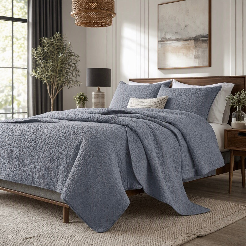 NEW West Elm Blue Stone Print Ultra Soft Queen King Bedding Bedspread & Sham Set