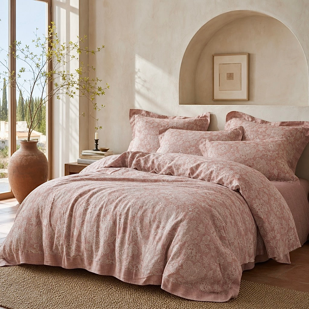 NEW Anthropologie Pink Floral Jacquard Boho Queen Size Bedding Duvet & Sham Set