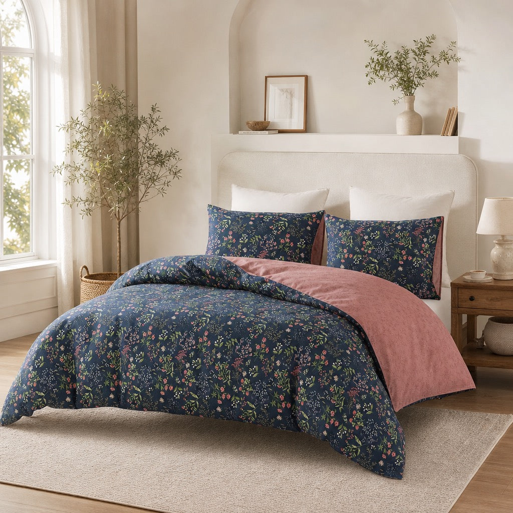 NEW Anthropologie Blue Floral Cotton Queen / King Size Bedding Duvet & Sham Set