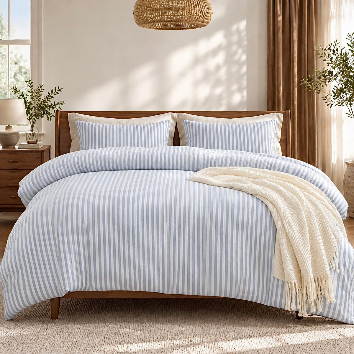 NEW West Elm White & Blue Striped Cotton Simple Modern Bedding Duvet & Sham Set