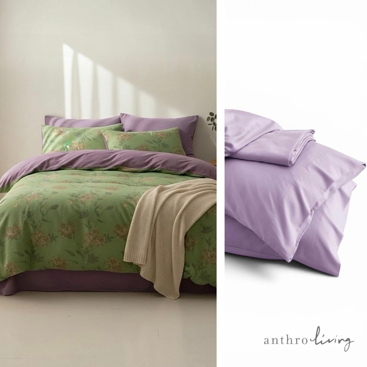 NEW 7-piece Anthropologie Green Purple Floral Cotton Queen / King Bedding Duvet, Sham & Sheet Set