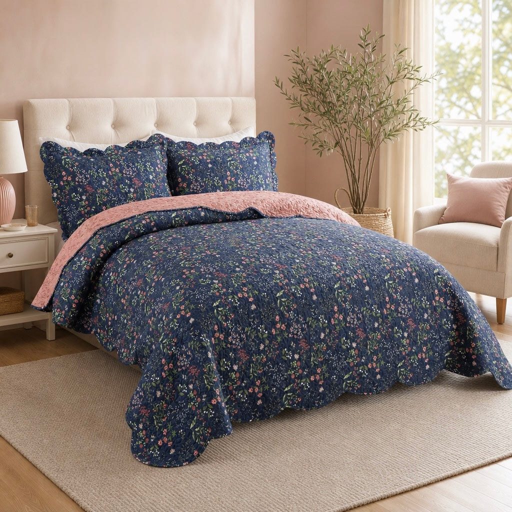 NEW Anthropologie Blue Floral Queen King Quilt Bedding Bedspread Duvet Sham Set