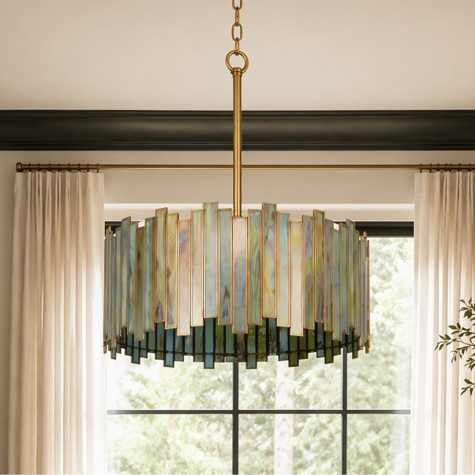 NEW Anthropologie 4-Light Stained Glass Round Drum Light Fixture Boho Chandelier