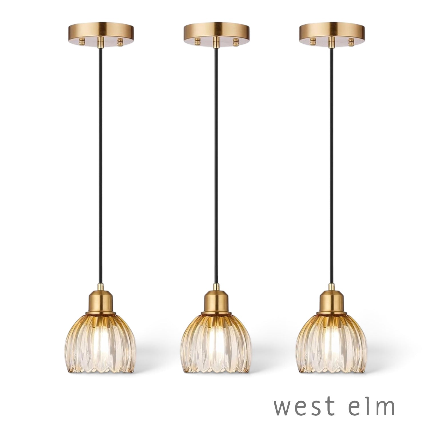 NEW West Elm Vintage Retro Amber Gold Glass Tulip Hanging Pendant Light Fixture