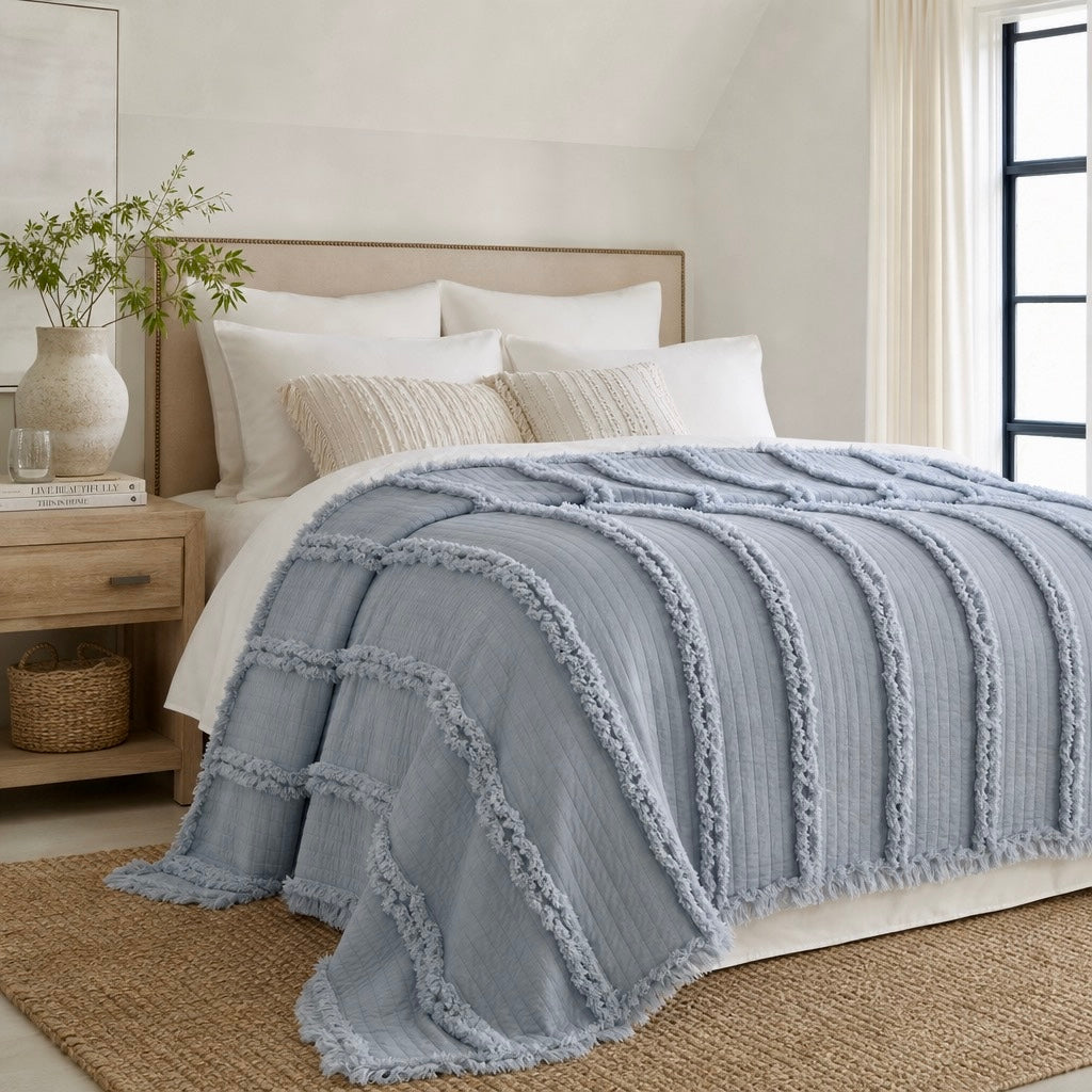 NEW West Elm Boho Blue Quilted Ruffle Knit Throw Blanket Bedding - 60" x 80"