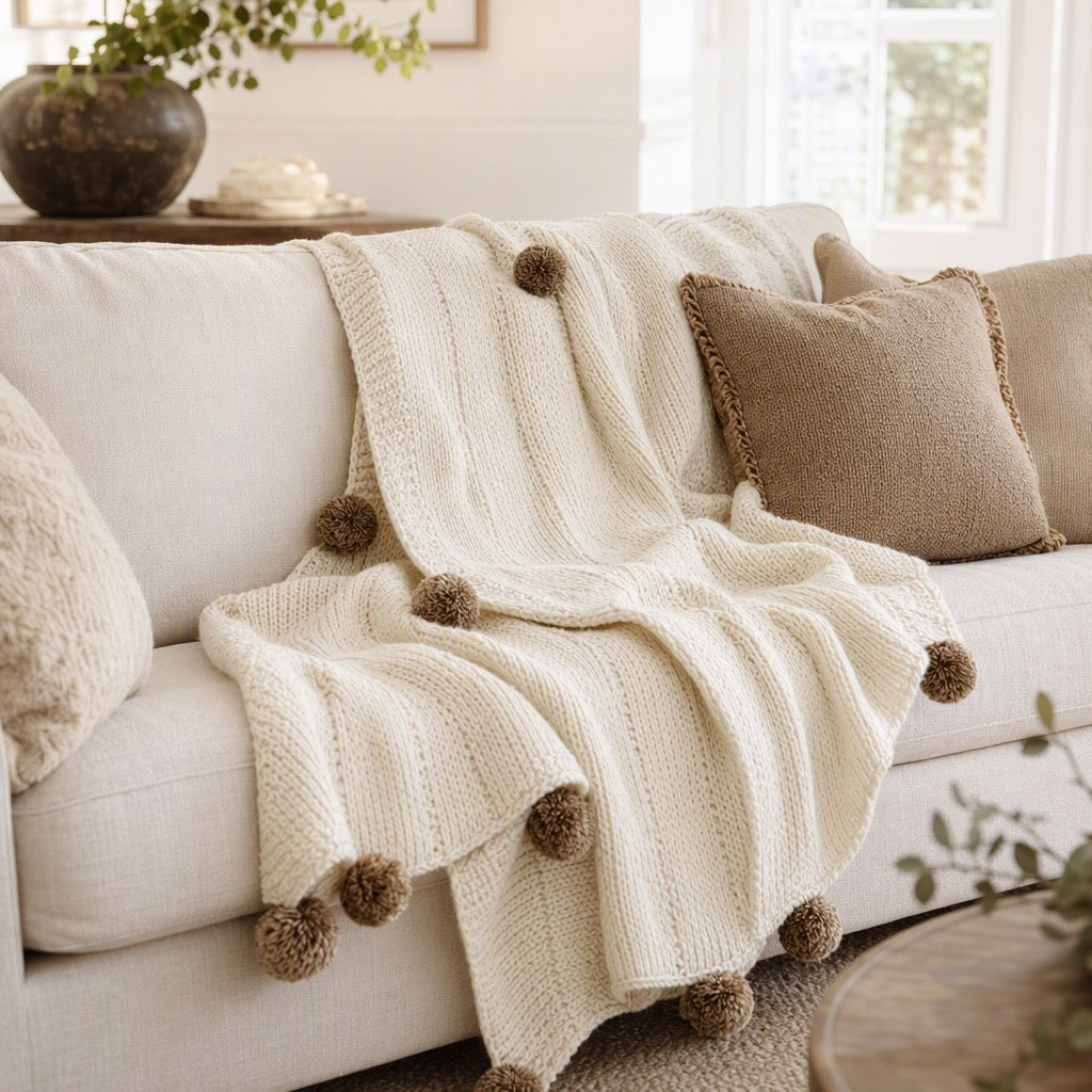 NEW West Elm Boho White Knit Fur Pom Pom Throw Blanket Bedding - 50" x 64"