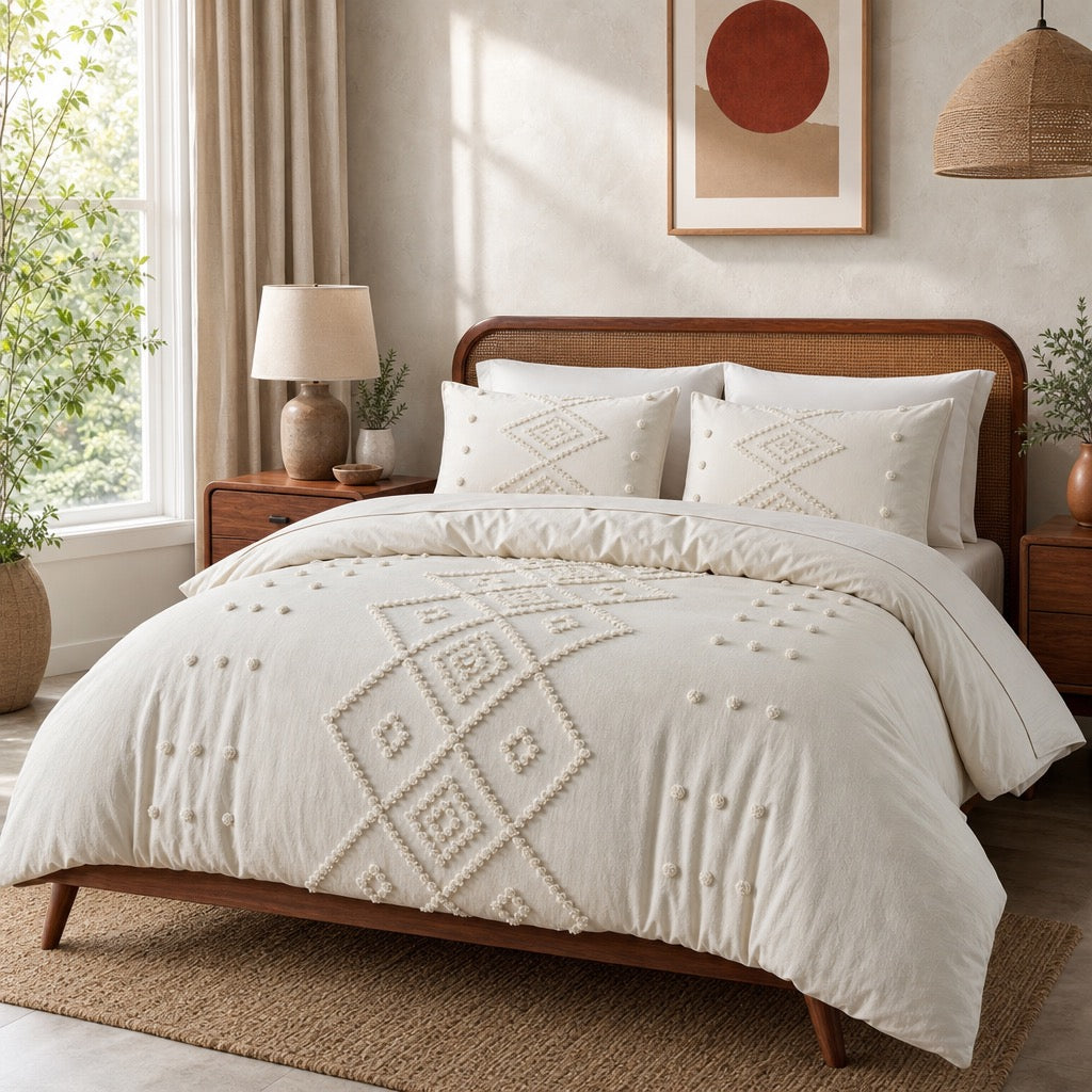 NEW Anthropologie Cream Boho King / Queen Tassel Fringe Bedspread Duvet Sham Set