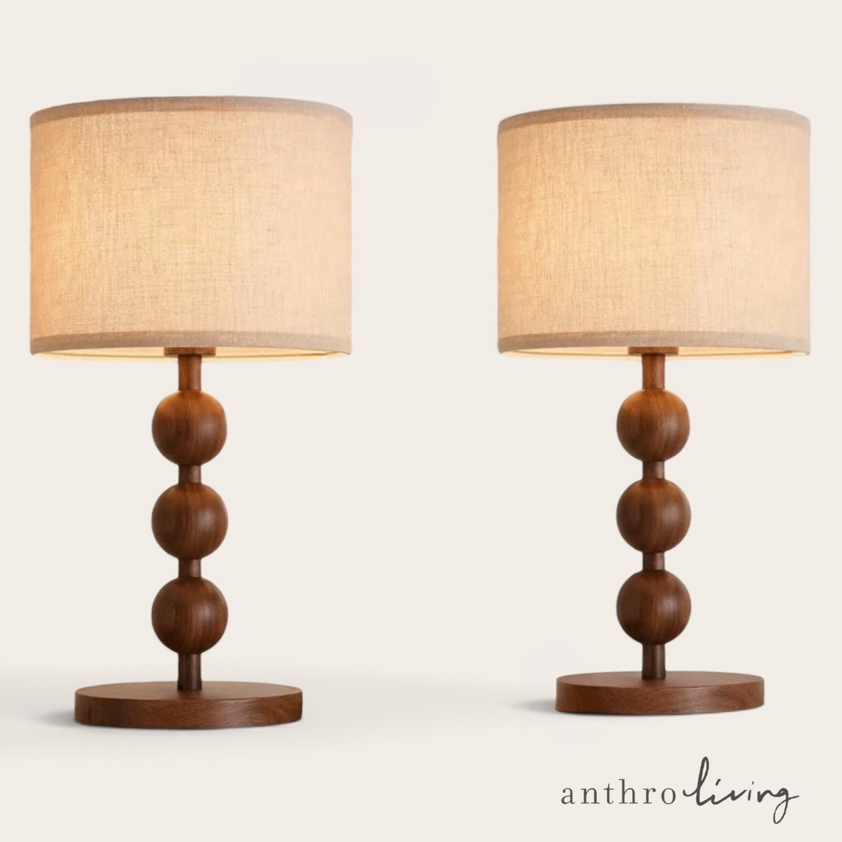 NEW Anthropologie Set of 2 Vintage Wood Ball Retro Boho Table Lamps Lighting 20"