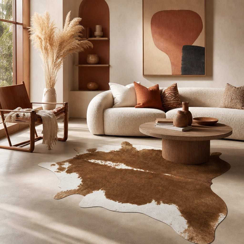 NEW West Elm XL Faux Cowhide Fur Leather White Area Rug Boho Floor - 6’ x 5’