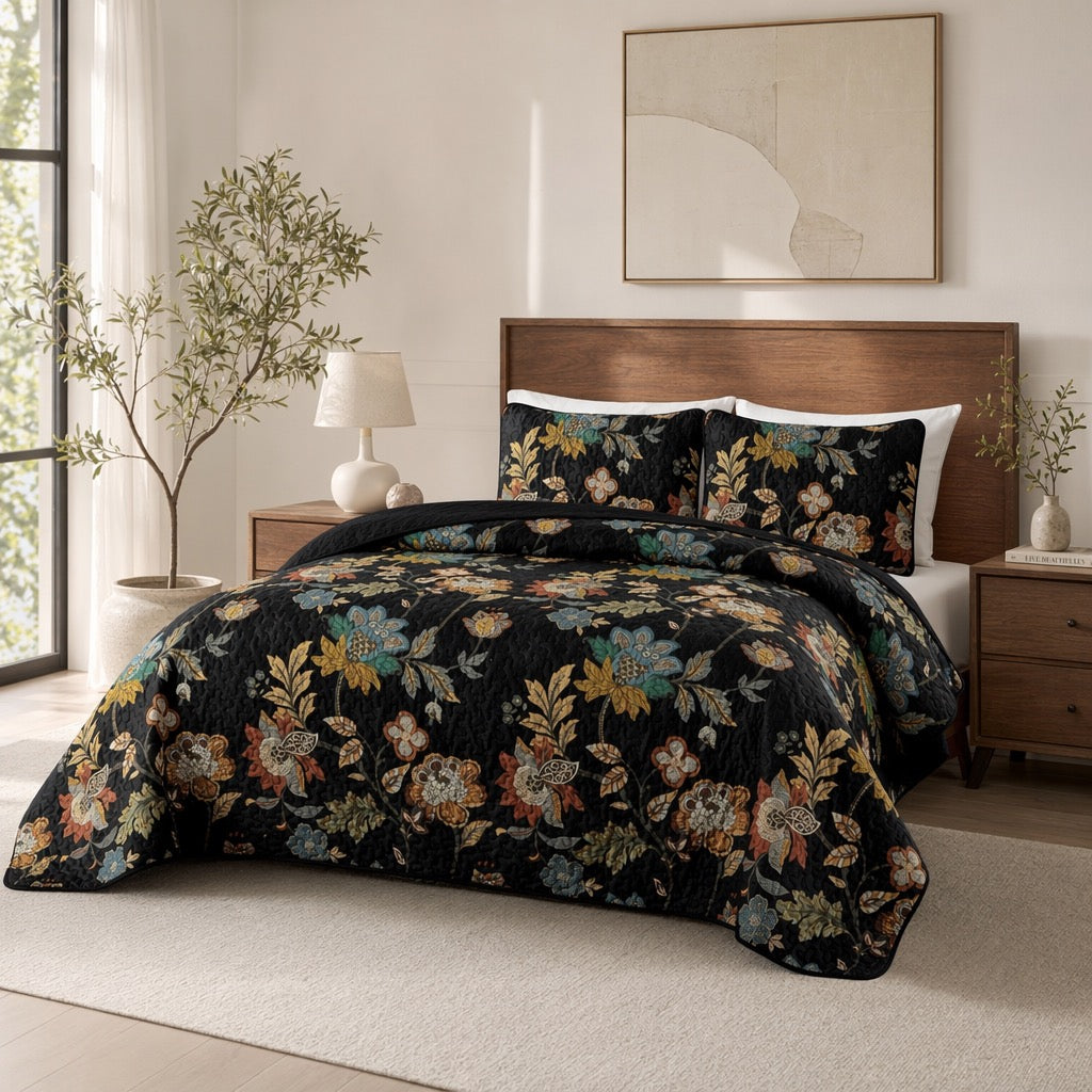 NEW Anthro Black Floral Print Multicolor Boho Queen King Bedding Quilt Sham Set