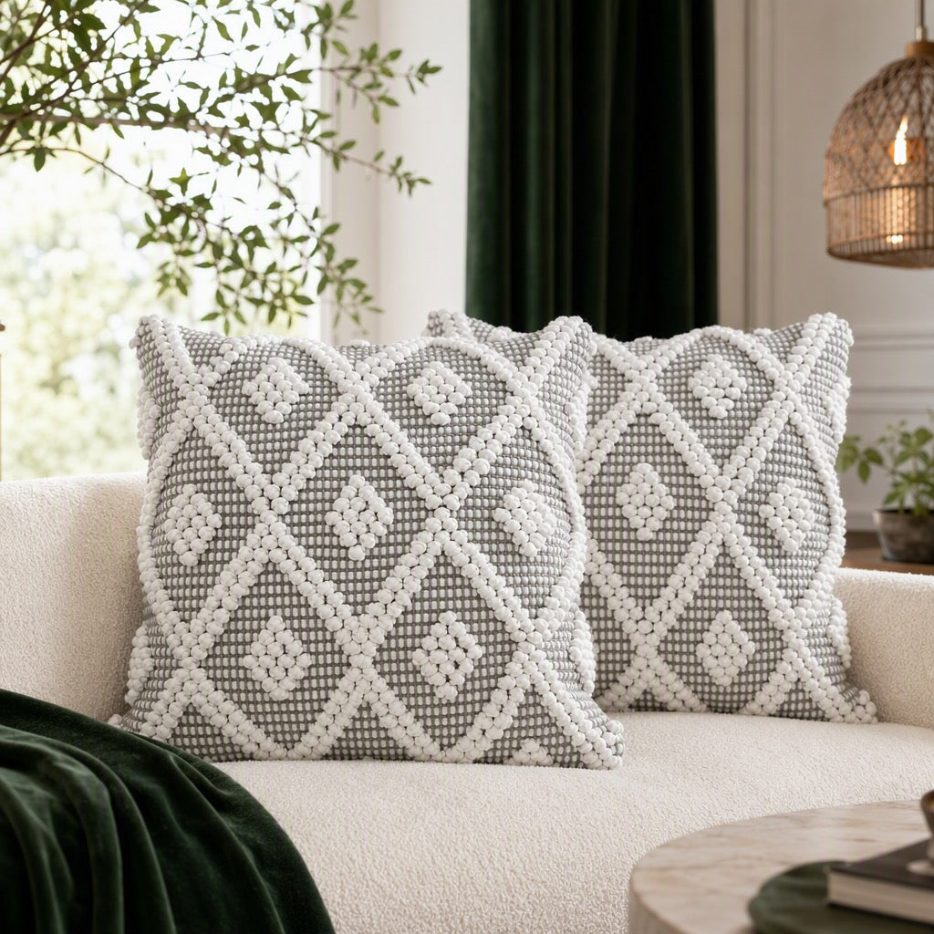 NEW Anthropologie Boho Pom Pom Grey Throw Pillow Case Cover Sham - 20" x 20"