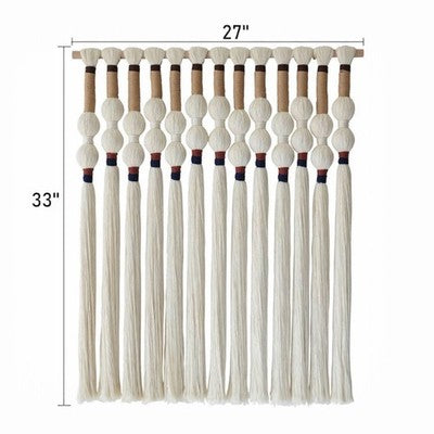 NEW Anthropologie XL Boho White Ball Tassel Tapestry Woven Wall Hanging - 33"