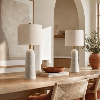 NEW Anthropologie Set of 2 White Resin Stone Boho Table Lamps Linen Lighting 27"