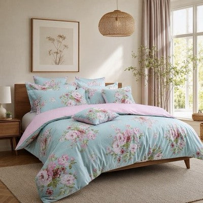 NEW Anthropologie Teal Blue Vintage Floral 100% Cotton Duvet Bedding & Sham Set
