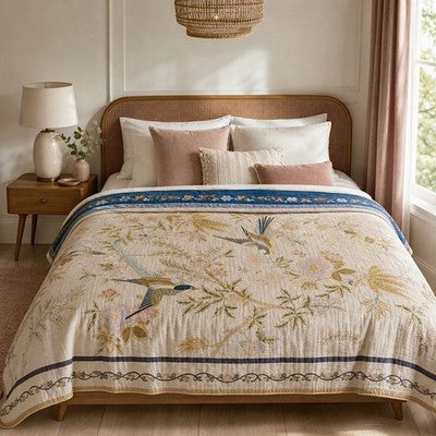 NEW Anthropologie Reversible Boho Bird Multicolor Queen / King Bedspread Blanket Quilt