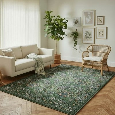 NEW Anthro Green Retro Floral Boho Washable Multicolor Area Rug Carpet - 5' x 7'