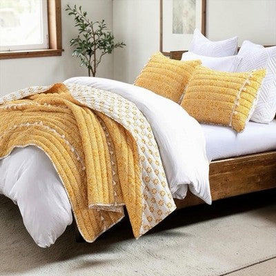 NEW Anthro Yellow Boho Reversible Tassel Queen / King Bedding Quilt & Sham Set