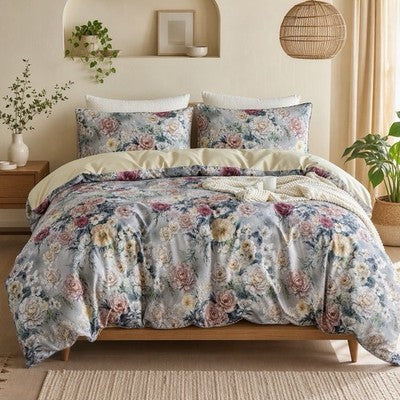 NEW Anthropologie Purple Rose Floral Boho 100% Cotton Duvet Bedding & Sham Set