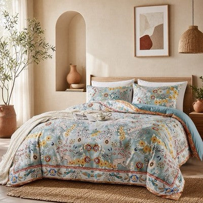 NEW Anthropologie Blue Jungle Multicolor Boho Queen King Bedding Duvet Sham Set