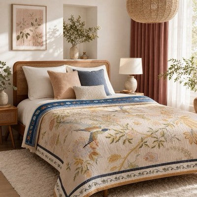 NEW Anthropologie Reversible Boho Bird Multicolor Throw Blanket Quilt 50" x 60"