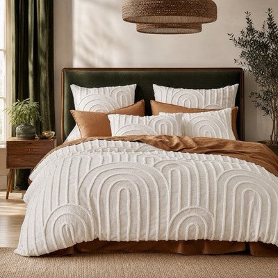 NEW Anthropologie Beige Boho Queen / King Tufted Rainbow Bedding Duvet Sham Set