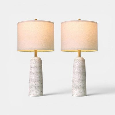NEW Anthropologie Set of 2 White Resin Stone Boho Table Lamps Linen Lighting 27"