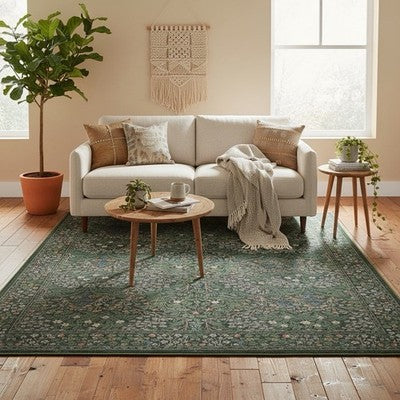 NEW Anthro Green Retro Floral Boho Washable Multicolor Area Rug Carpet - 5' x 7'
