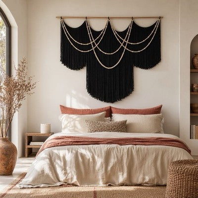 NEW Anthropologie XL Black Boho Beaded Tapestry Macrame Wall Hanging 57" x 43"