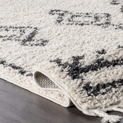 NEW West Elm White Black Boho Tassel Geometric Shag Area Rug Carpet - 8' x 5'