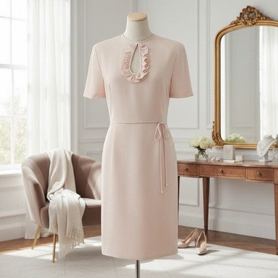 Vintage Carolina Herrera Pink Silk Ruffle Short Sleeve Shift Dress - Size Small