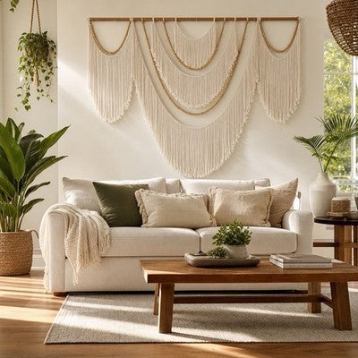 NEW Anthropologie XL Beige Woven Boho Beaded Tapestry Macrame Wall Hanging 57x40