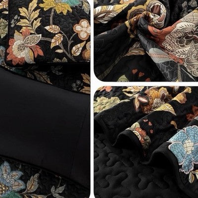 NEW Anthro Black Floral Print Multicolor Boho Queen King Bedding Quilt Sham Set