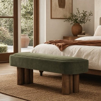 NEW West Elm Green Upholstered Fabric Storage Ottoman Mid-century Modern Bench