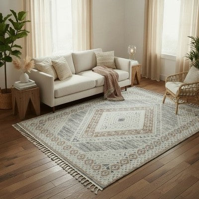 NEW West Elm White Cream Boho Tassel Geometric Shag Area Rug Carpet - 4' x 6'