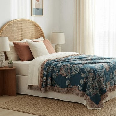 NEW Anthropologie Boho Floral Orange Teal Queen / King Blanket Bedspread