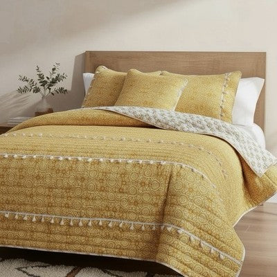 NEW Anthro Yellow Boho Reversible Tassel Queen / King Bedding Quilt & Sham Set