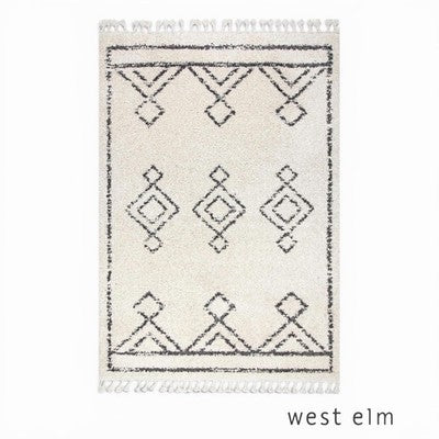 NEW West Elm White Black Boho Tassel Geometric Shag Area Rug Carpet - 8' x 5'