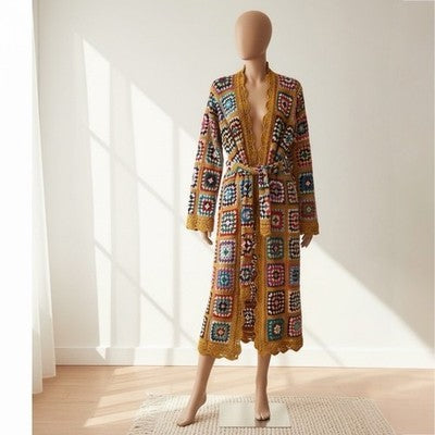 Vintage Italian Macrame Women's Crochet Rainbow Quilt Duster Sweater Coat Large