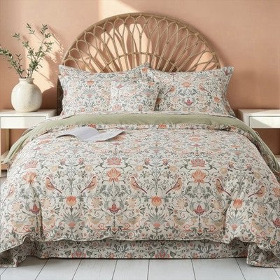 NEW Anthropologie Green & Coral Floral Bird 100% Cotton Duvet Bedding & Sham Set
