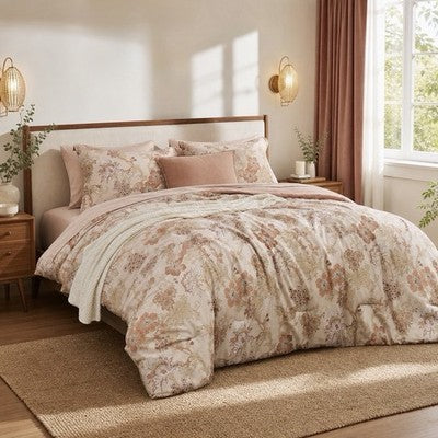 NEW Anthro 7 Piece Blush Floral Boho Queen / King Bedding Comforter & Sham Set