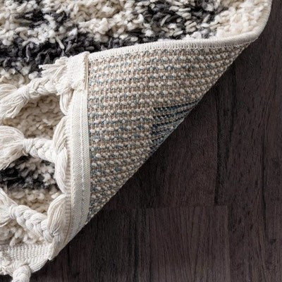 NEW West Elm White Black Boho Tassel Geometric Shag Area Rug Carpet - 8' x 5'