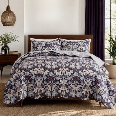 NEW Anthropologie Purple Floral Queen / King Quilt Bedspread Bedding & Sham Set