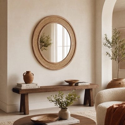 NEW West Elm Large Round Mirror Wicker Rattan Boho Wall Hanging Decor - 30” Diam