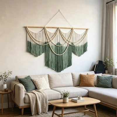 NEW Anthropologie XL Green Dyed Boho Beaded Tapestry Macrame Wall Hanging 60x43
