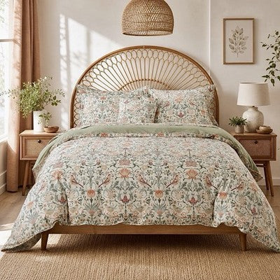 NEW Anthropologie Green & Coral Floral Bird 100% Cotton Duvet Bedding & Sham Set