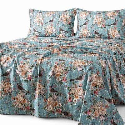 NEW Anthropologie Blue Floral Botanical Bird 100% Cotton Matching 4 PC Sheet Set