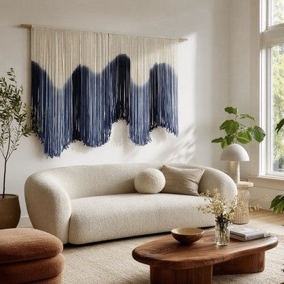 NEW Anthropologie XL Blue Dip Dyed Boho Tapestry Macrame Wall Hanging Art 57x40
